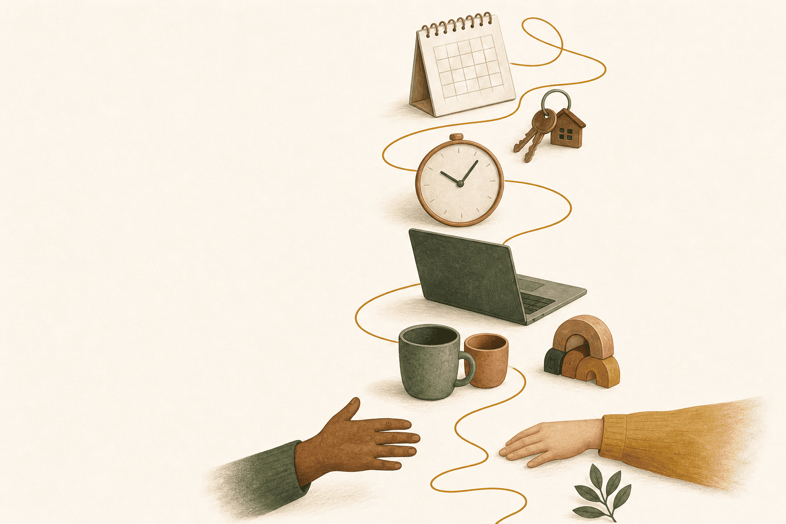 Calendario, chiavi, orologio, computer e oggetti quotidiani uniti da un filo ocra